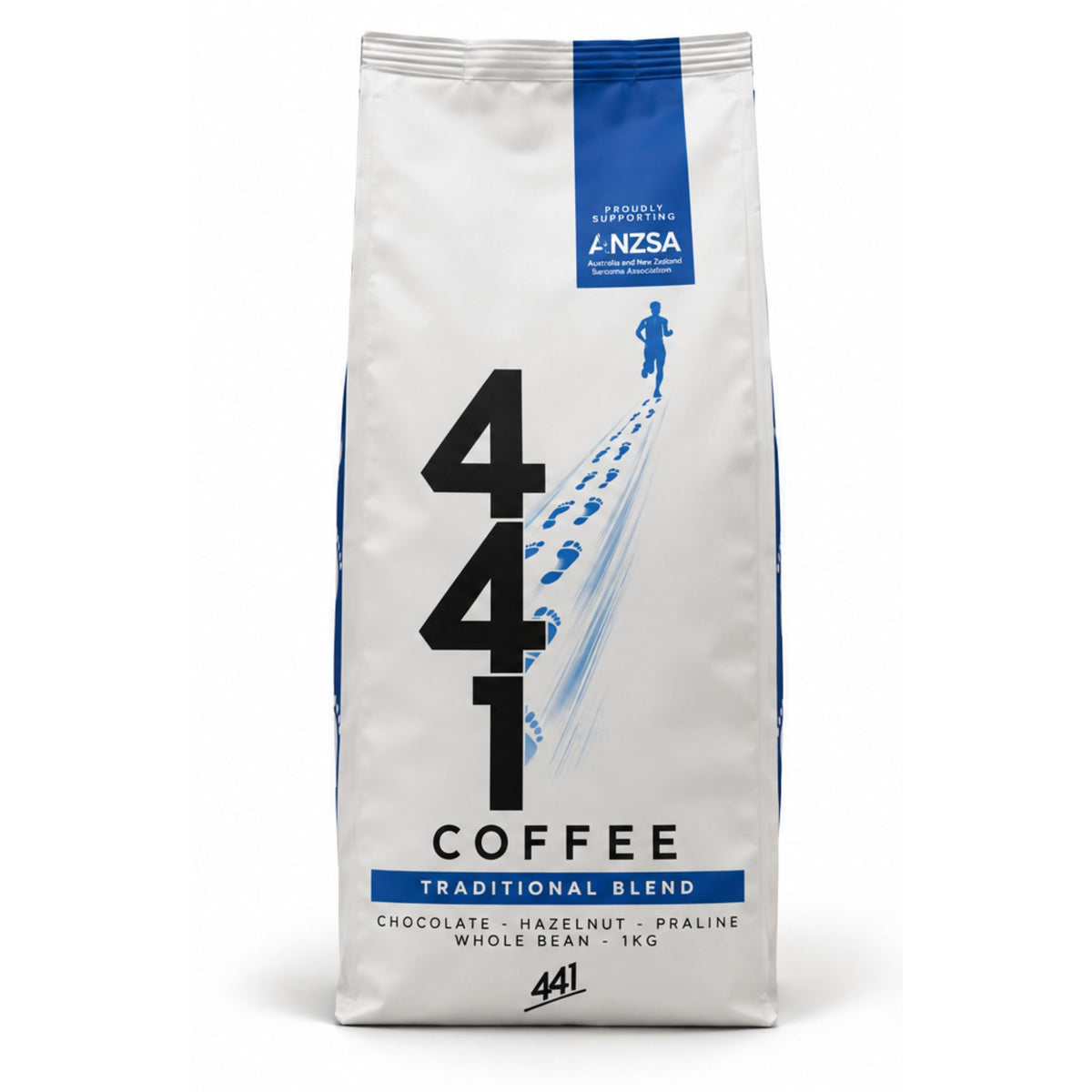 A 1kg bag of 441 Coffee Traditional Blend whole bean coffee, featuring a white bag with blue and black graphics and text, photographed on a clean white background.